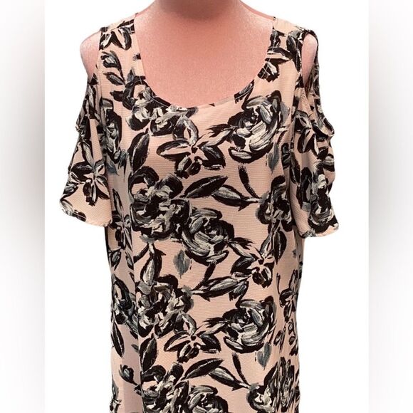 WOMENS COLD SHOULDER FLORAL MIDI DRESS MEDIUM LOOSE FIT - Picture 3 of 7